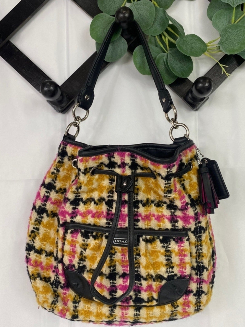 Coach Pink, Mustard & Black Plaid Tweed Drawstring Shoulder Bag